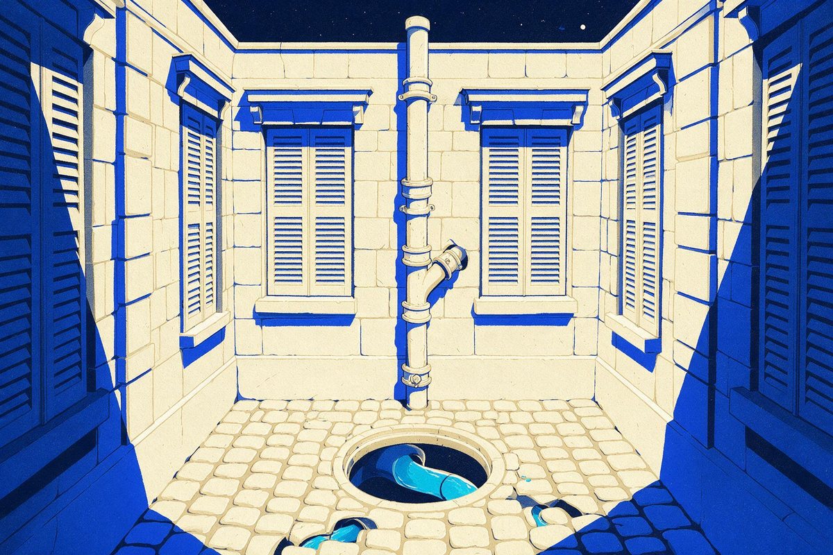 Illustration : cour intérieure pavée d'un immeuble parisien, un regard de visite ouvert au sol laissant voir l'écoulement, une colonne de chute en fonte courant le long de la façade