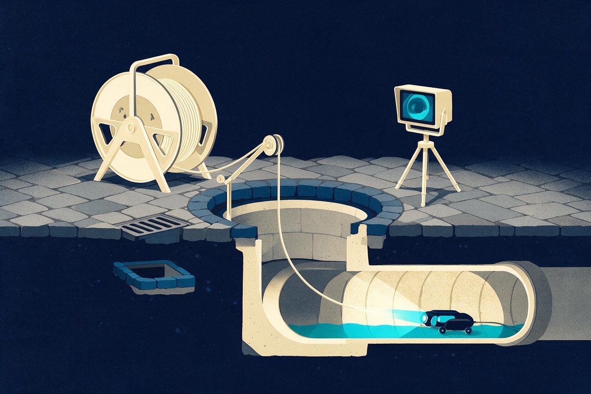 Illustration : un touret de câble et un écran de contrôle installés près d'un regard de visite ouvert dans des pavés, la tête de caméra éclairant l'intérieur de la canalisation montrée en coupe