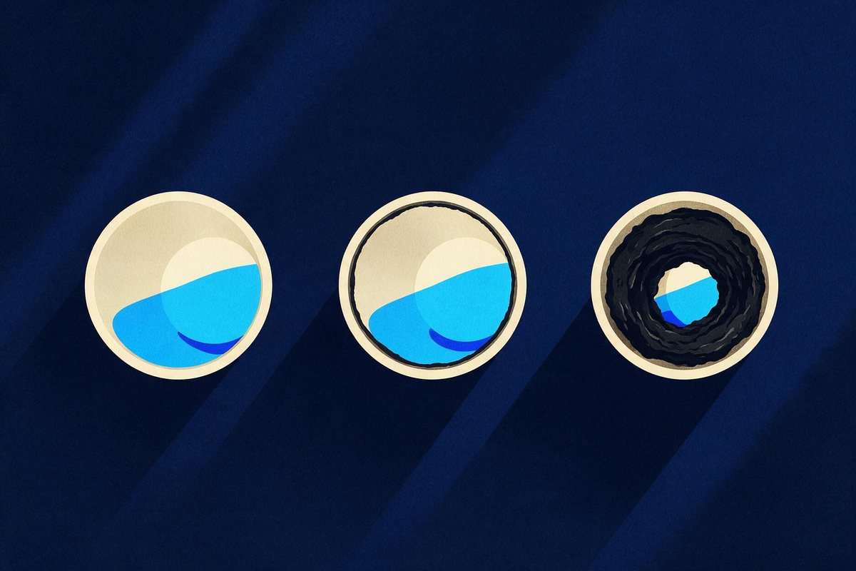 Illustration : trois sections de canalisation alignées montrant trois états d'encrassement, de la conduite propre à la conduite dont il ne reste qu'un passage étroit