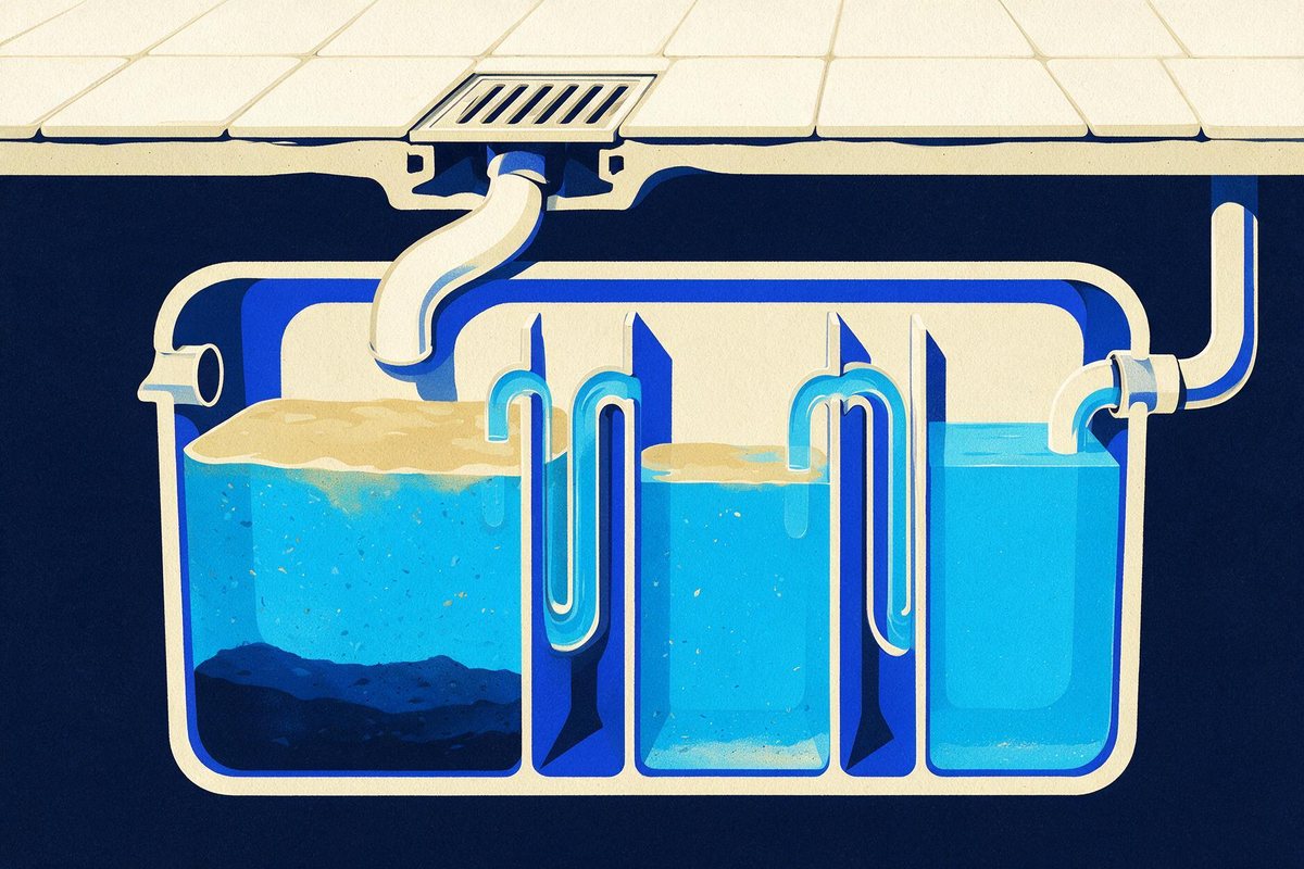 Illustration : coupe d'un bac à graisse à trois compartiments sous le sol d'une cuisine, la couche de graisse flottant en surface, les boues déposées au fond et l'eau s'éclaircissant vers la sortie