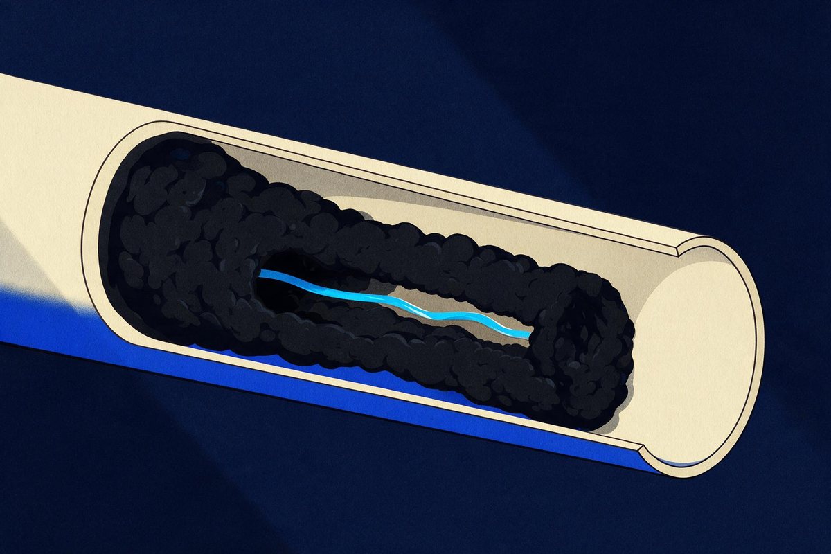 Illustration : coupe d'une canalisation dont la paroi est tapissée d'un dépôt épais, percée en son centre d'un tunnel étroit par lequel un filet d'eau continue de passer