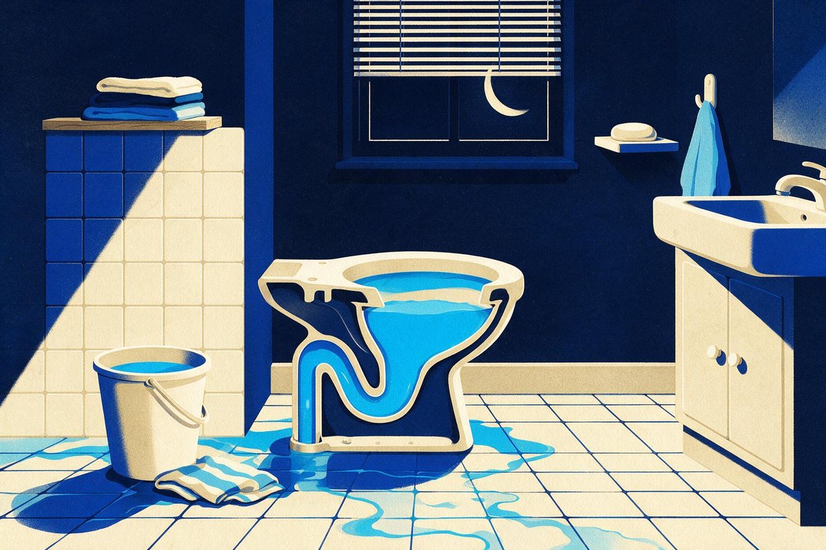 Illustration : coupe d'une cuvette de WC dont l'eau est montée jusqu'au bord, le siphon interne apparent, un seau posé sur le sol carrelé où l'eau s'est répandue, dans une salle de bains la nuit