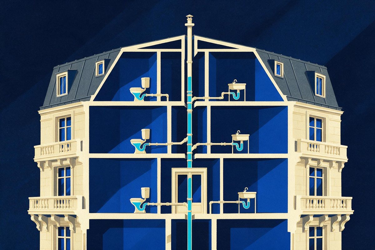 Illustration : coupe intérieure d'un immeuble parisien sur trois étages et ses combles, les pièces d'eau superposées d'un niveau à l'autre reliées à une colonne de chute unique prolongée en toiture