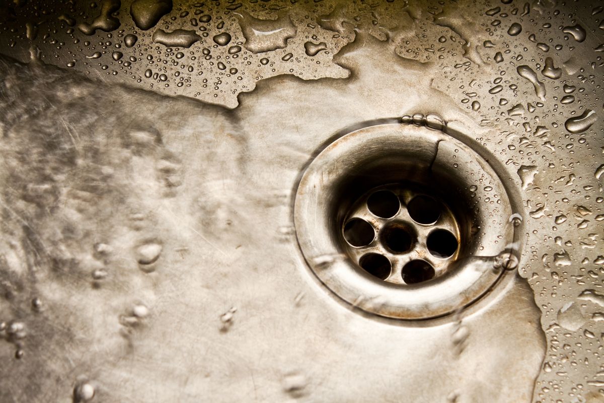 Bonde d'évier en inox vue de près, entourée de gouttes d'eau sur le fond métallique.