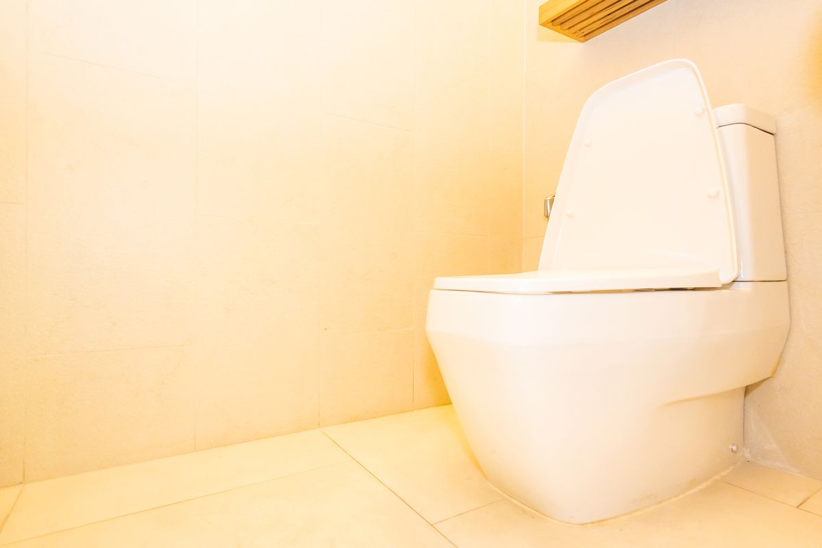 Cuvette de WC blanche à réservoir attenant, posée au sol dans l'angle d'un cabinet aux murs crème.