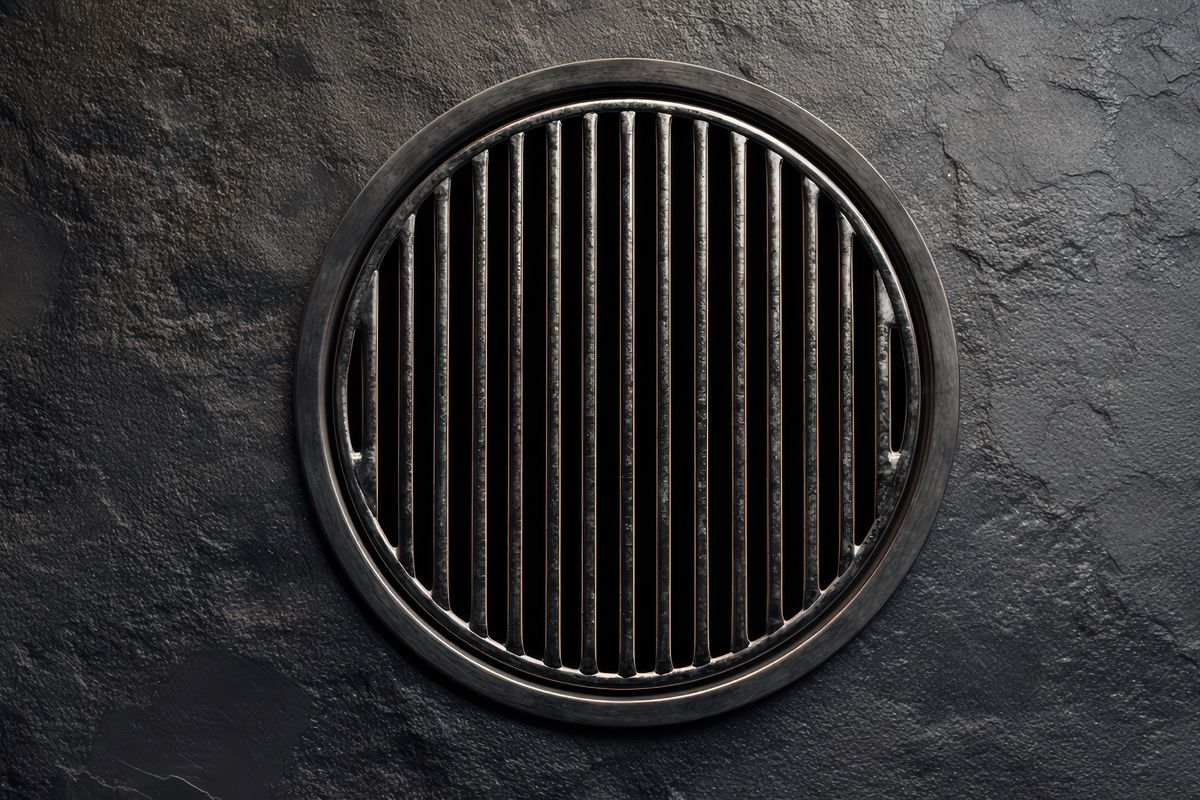 Grille d'évacuation ronde à barreaux métalliques, scellée dans un sol minéral de teinte sombre.