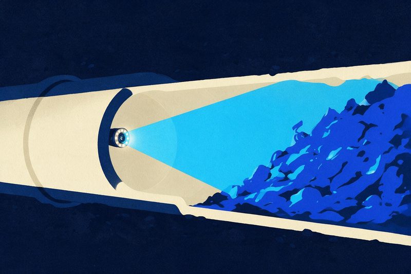 Illustration : une tête de caméra d'inspection éclaire l'intérieur d'une canalisation en coupe et atteint l'amas qui l'obstrue