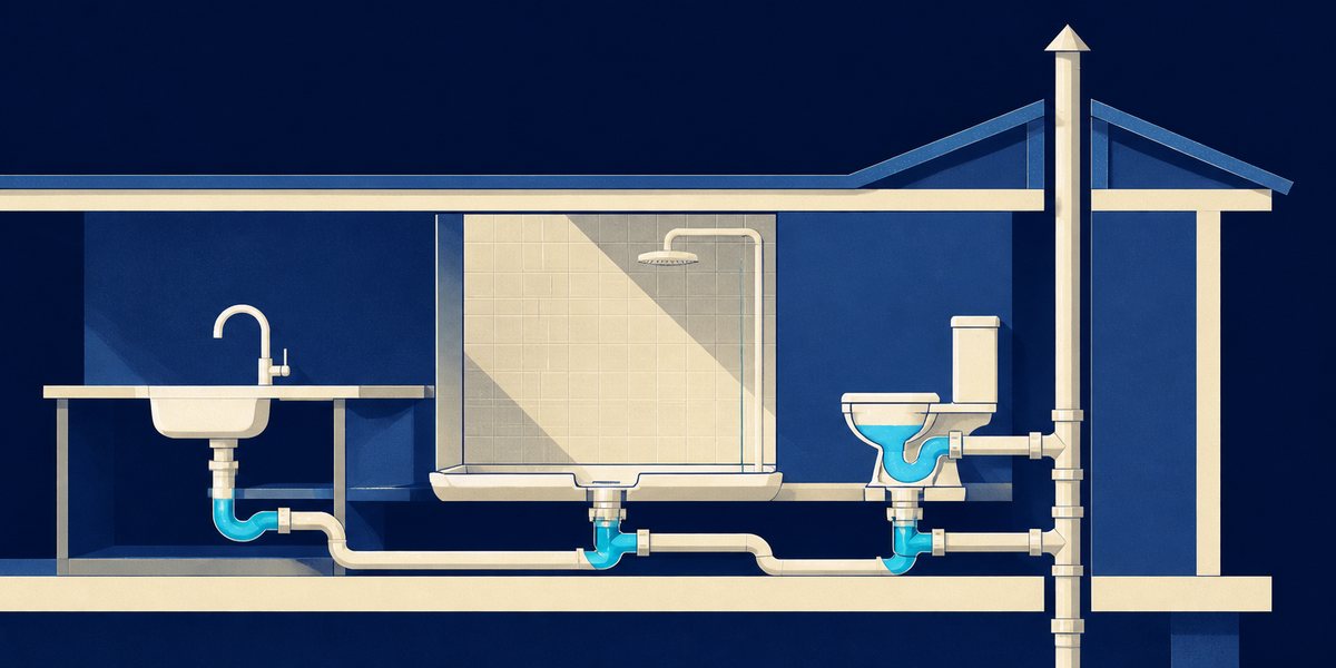 Illustration : coupe pédagogique d'un logement, un évier, une douche et des WC reliés chacun par leur siphon à une même colonne de chute prolongée en toiture par une ventilation primaire