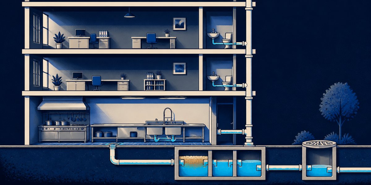Illustration : coupe d'un immeuble mixte, cuisine professionnelle au rez-de-chaussée et bureaux aux étages, une colonne unique reprenant tous les niveaux vers un collecteur passant par un bac à graisse à compartiments puis un regard extérieur
