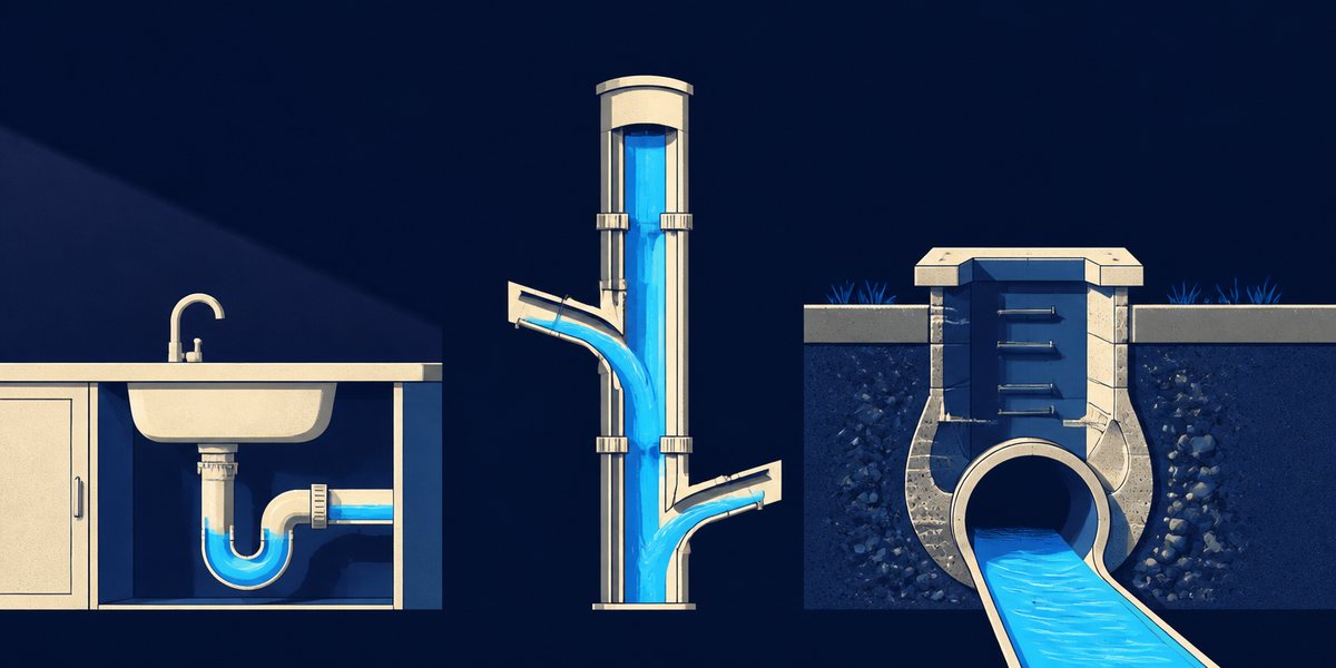 Illustration : trois coupes de réseau côte à côte, un siphon d'évier sous un meuble de cuisine, une colonne de chute verticale avec ses branchements, et un collecteur enterré surmonté d'un regard de visite ouvert