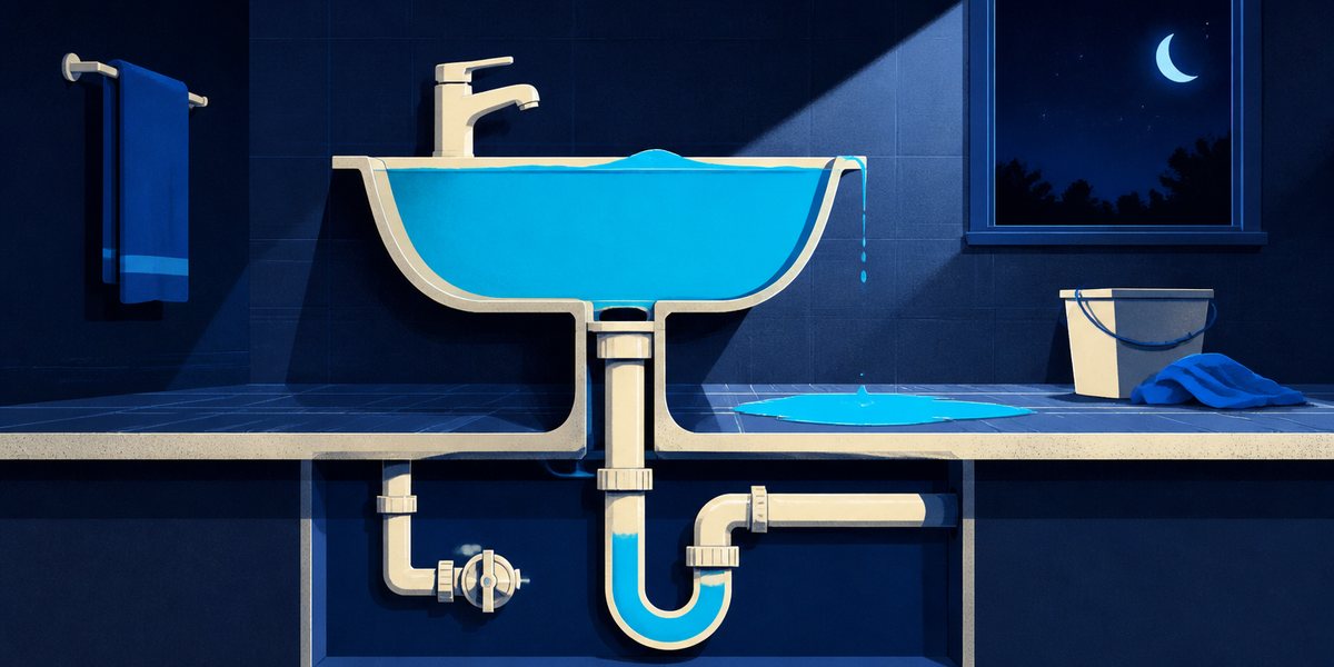 Illustration : un lavabo dont l'eau est montée au-dessus de la bonde et déborde sur le sol, la coupe du meuble laissant voir le siphon et le robinet d'arrêt fermé sous l'appareil, un seau posé à côté
