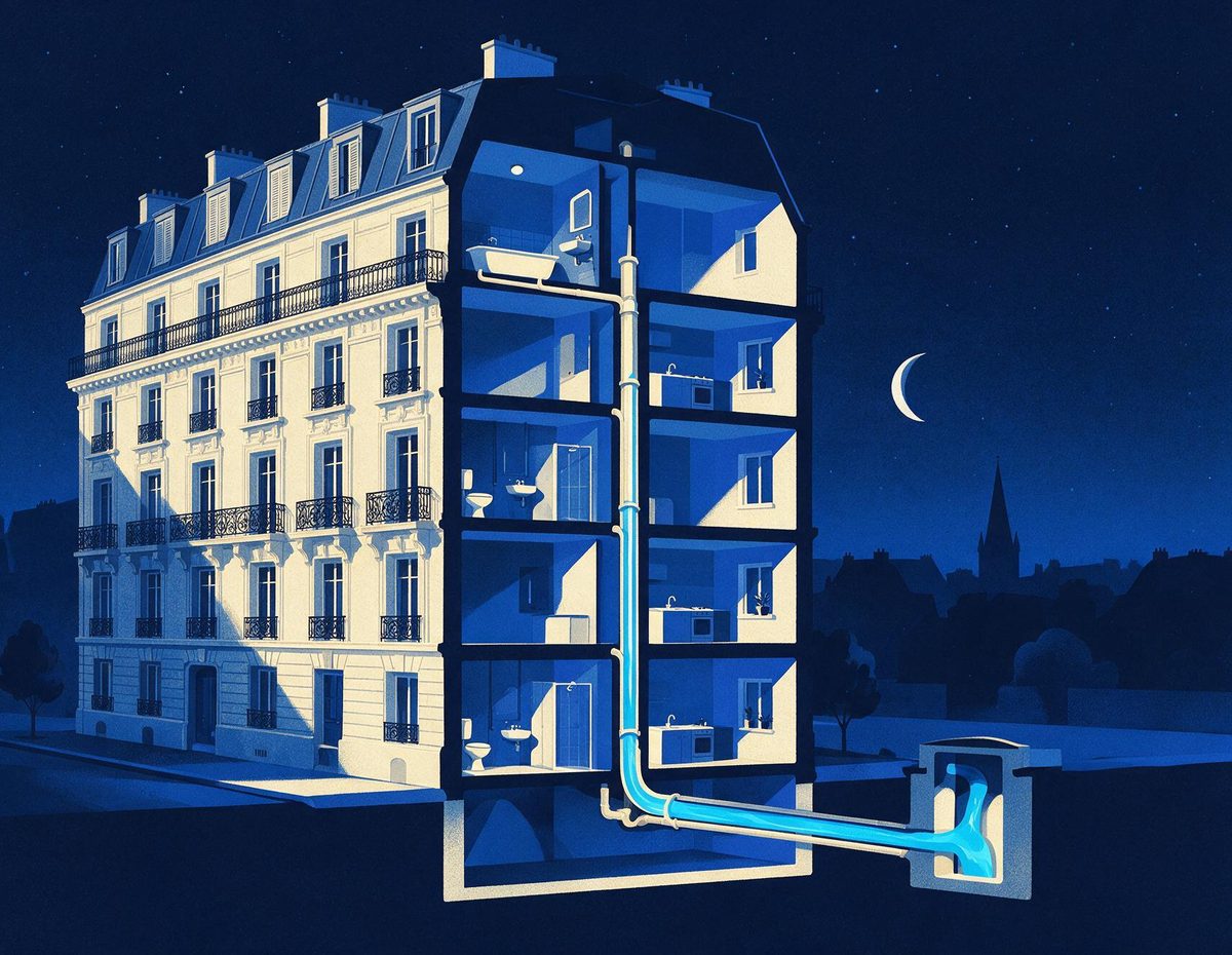 Illustration : coupe d'un immeuble ancien montrant la colonne de chute qui descend des étages vers le collecteur du sous-sol, puis vers le regard de branchement sur la rue