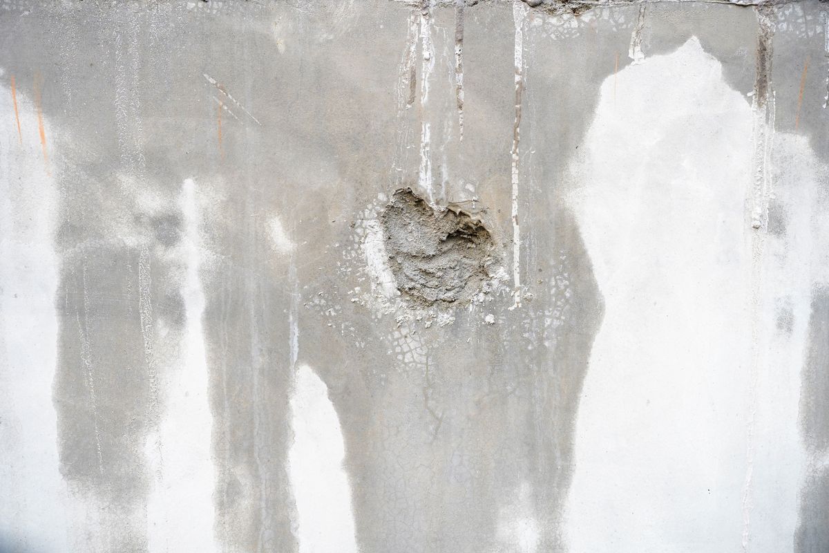 Mur en béton marqué de longues traces d'écoulement d'eau autour d'un trou rebouché.