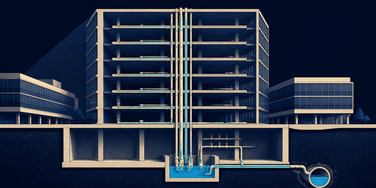 Illustration : coupe d'une tour de bureaux et du poste de relevage qui reprend les eaux usées de ses niveaux enterrés