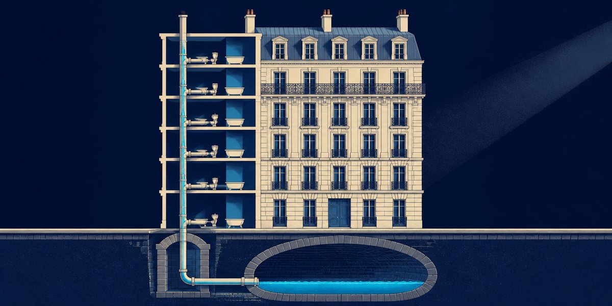 Illustration : coupe d'un immeuble haussmannien, sa colonne de chute traversant les étages et le collecteur voûté qui passe sous la rue