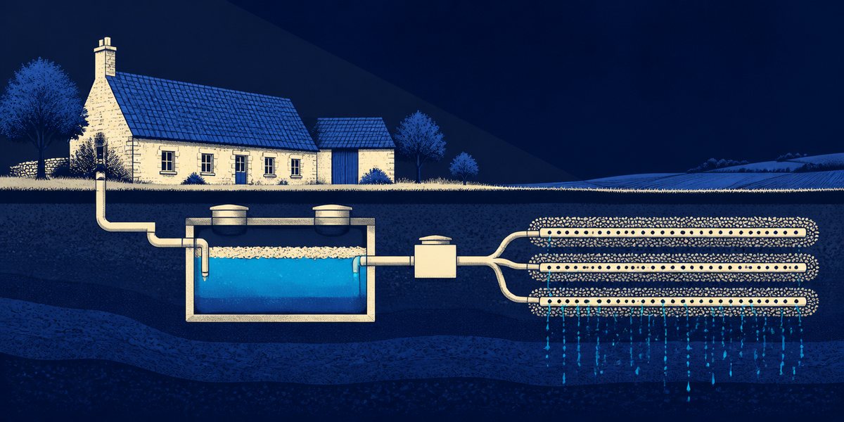 Illustration : coupe d'une ferme isolée reliée à une fosse toutes eaux puis à un champ d'épandage enterré