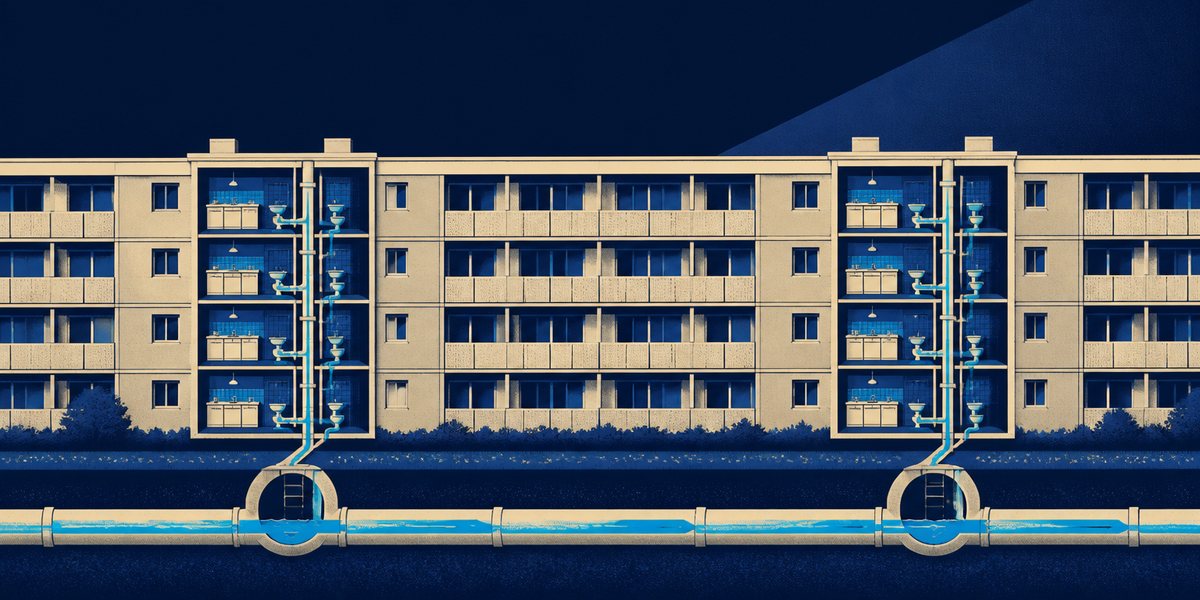 Illustration : coupe d'une barre de logements et du collecteur enterré qui longe le pied du bâtiment