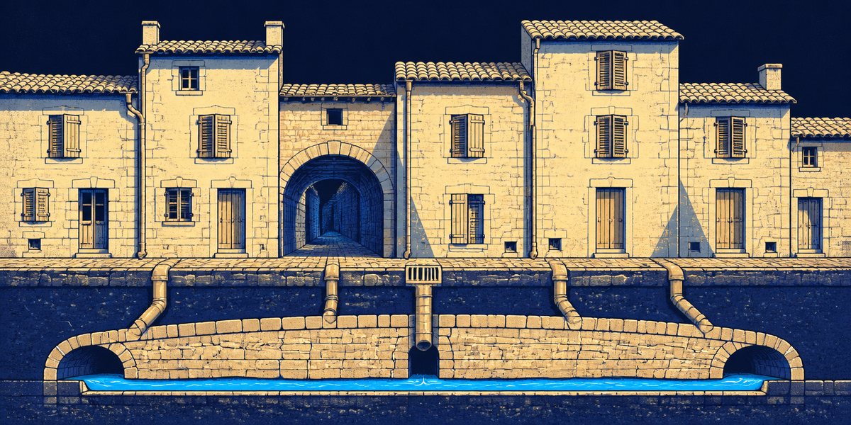 Illustration : coupe d'un bourg ancien aux maisons mitoyennes, raccordées à un collecteur voûté en maçonnerie