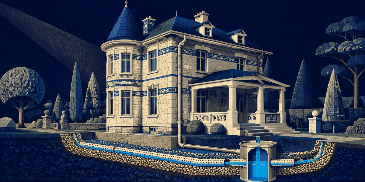 Illustration : coupe d'une villa en meulière et du drain périphérique enterré qui ceinture ses fondations